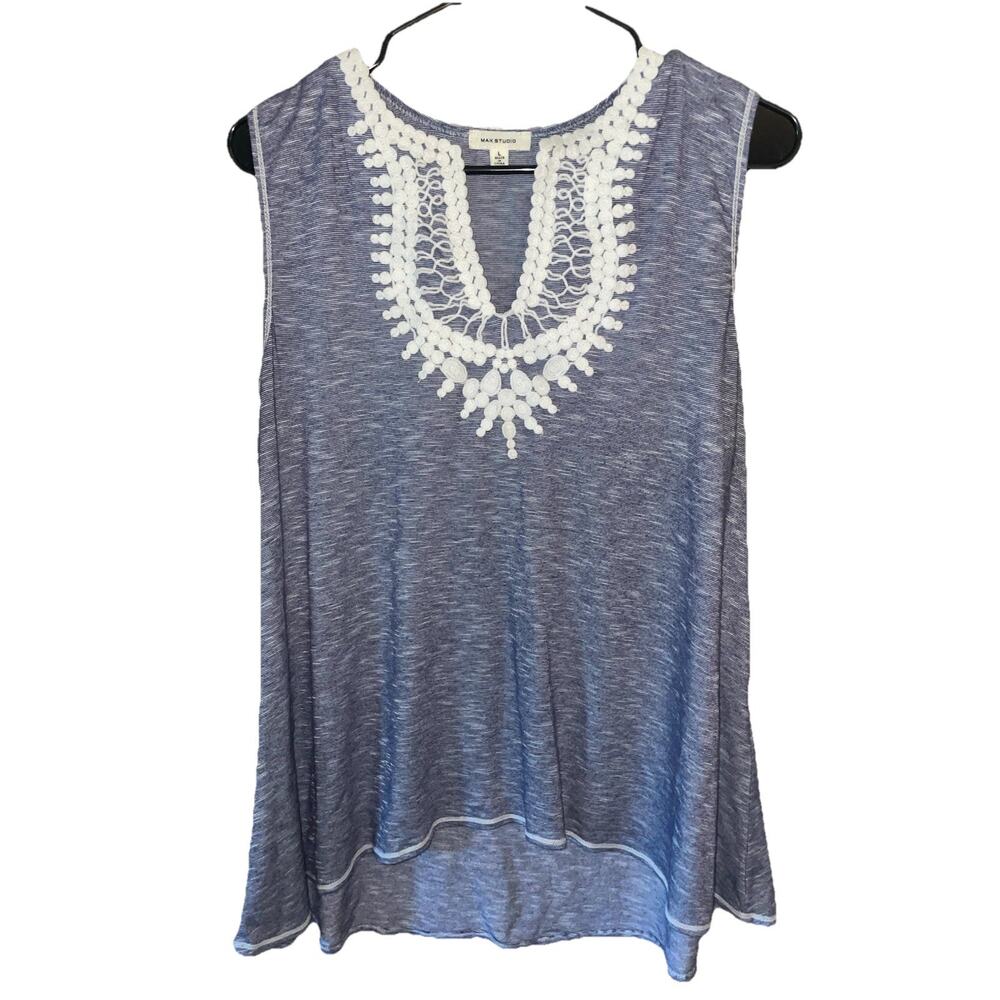 Women’s Max Studio Sleeveless Crotchet Design Denim Look Sleeveless Top Sz L